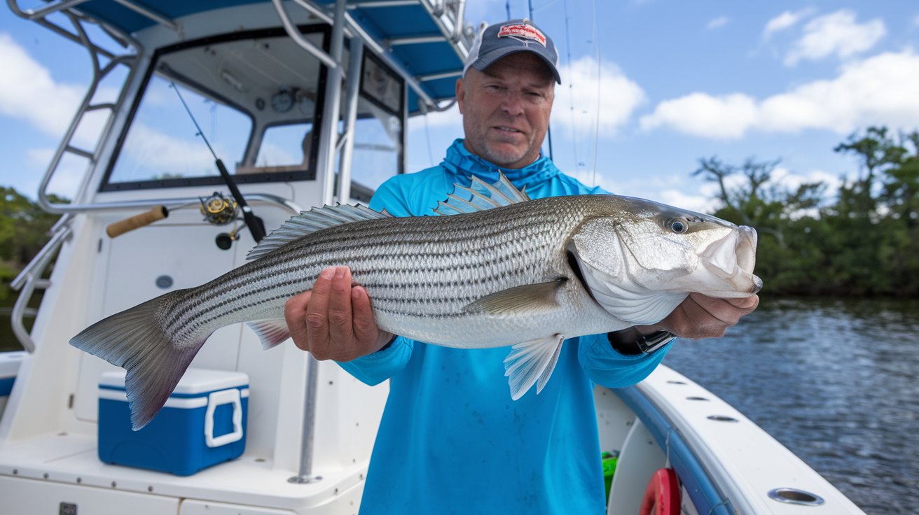 Fishing Charter Milford a man holding a 3 foot striper